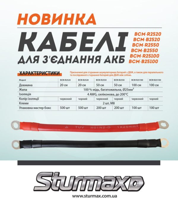 Sturmax BCM-B25100 Кабель мідний для з’єднання АКБ 100 см 25мм2 M8 чорний