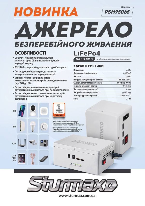 Sturmax PSM95065 Джерело безперебійного живлення LiFePo4 60Аг 65 Вт