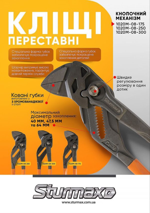 Sturmax 1020M-08-175 Кліщі переставні CRV, 175 мм