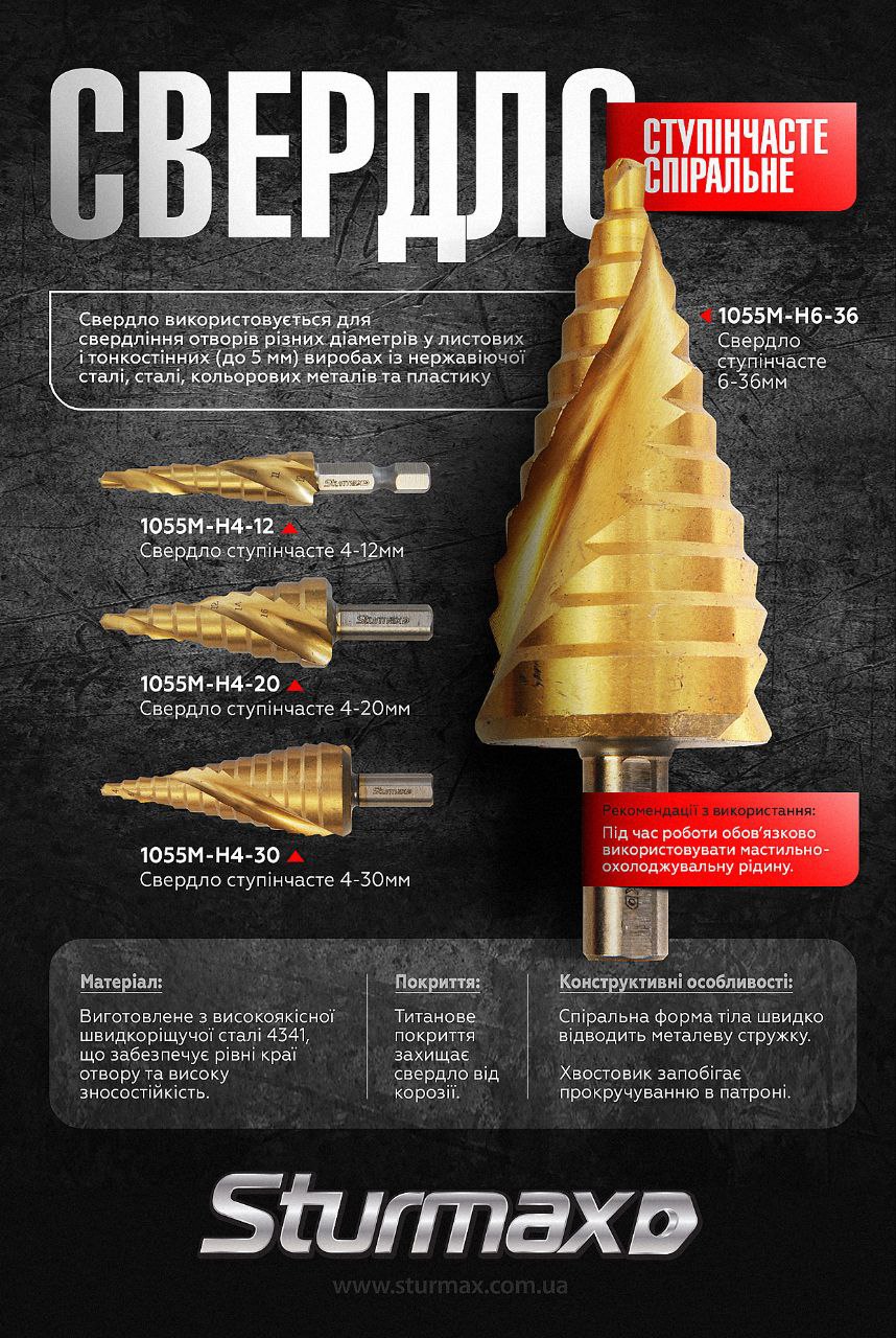 photo_2025-09-16_17-54-11 Sturmax 1055M-H4-20 Свердло ступінчасте 4-20мм спіральне Professional