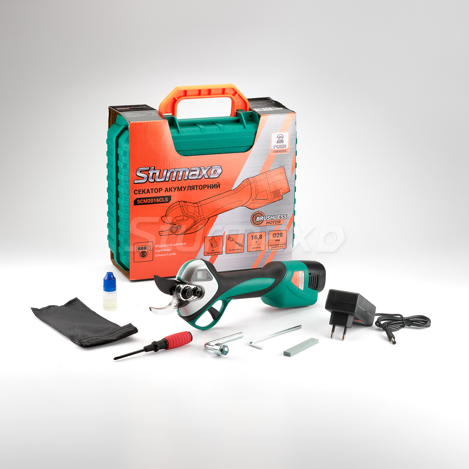 SCM2016CLS_02 Sturmax SCM2016CLS Секатор акумуляторний 16В,макс. діаметр зрізу 28мм, кейс, зарядка, акум.